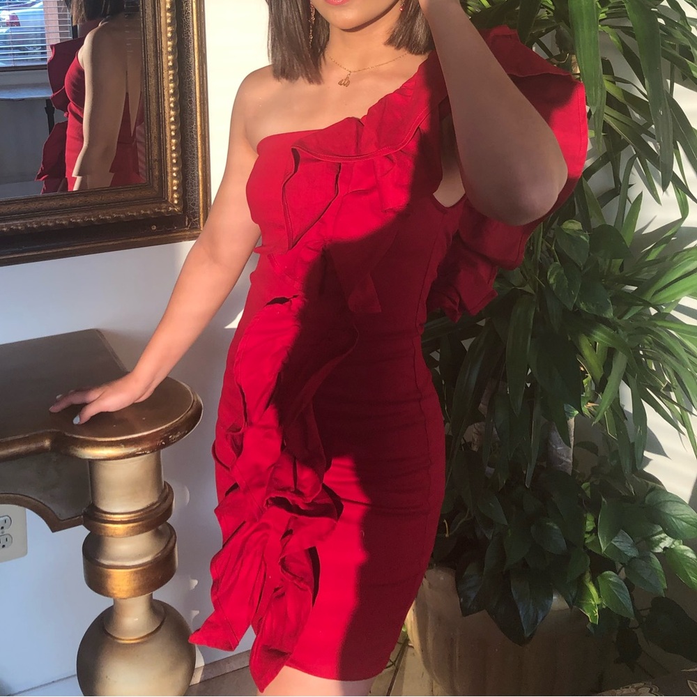 One Shoulder Ruffle Red Mini Dress - Picture 2 of 6